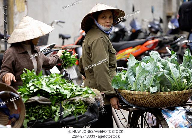 Woman pushing a bicycle with basket of vegetables, wearing a traditional Non La Hat, Old Quarter, Hanoi, Vietnam