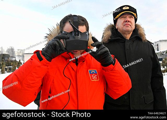RUSSIA, MURMANSK REGION - NOVEMBER 9, 2023: Murmansk Region Governor Andrei Chibis (L) and Northern Fleet Commander Alexander Moiseyev visit a drone training...