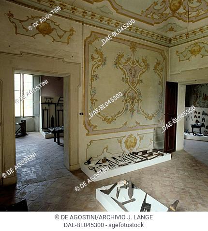 Tools used in rural daily life on display at Villa Sorra, Castelfranco Emilia, Emilia-Romagna. Italy, 18th century