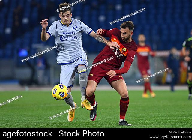 The Footballer of Roma Borja Mayoral and the Footballer of Verona Ivan Ilic during the match Rome-Verona at the stadio Olimpico