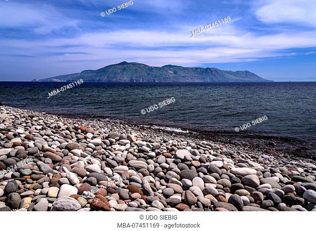 Italy, Sicily, Aeolian Islands, Salina, Santa Marina Salina, Lingua, beach against Lipari