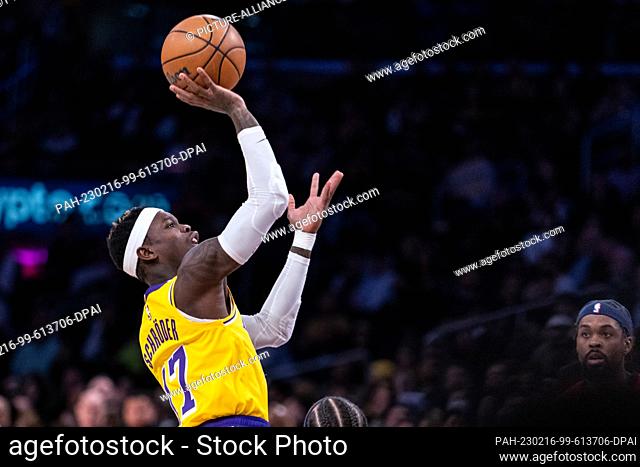 15 February 2023, USA, Los Angeles: Basketball: NBA, Main Round, Los Angeles Lakers - New Orleans Pelicans. Dennis Schröder of the Los Angeles Lakers taking a...