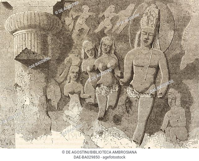 Marriage of Shiva and Parvati, bas-relief, Elephanta caves, Mumbai, India, drawing by Emile Therond (1821-?) from Voyage au Malabar, 1859