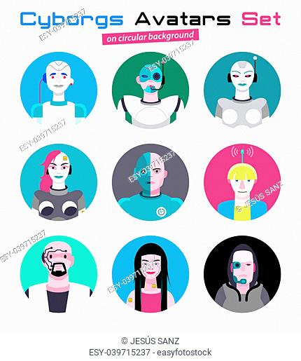 Varied set of cyborgs characters avatars. Imaginative and friendly colourful collection of happy characters, that combine the human and the machine to give a...