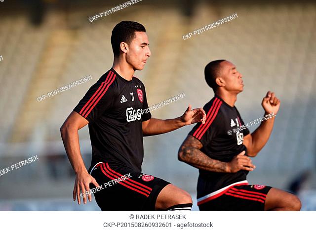 From left: Players of Ajax Amsterodam Anwar El Ghazi and Kenny Tete attend Ajax training session prior to the fourth qualifying round of the UEFA Europa League...