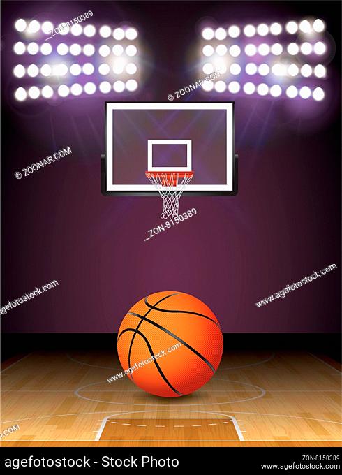 An illustration of a basketball on a hardwood court with a basketball hoop and lights. Vector EPS 10 available. EPS file contains transparencies and gradient...