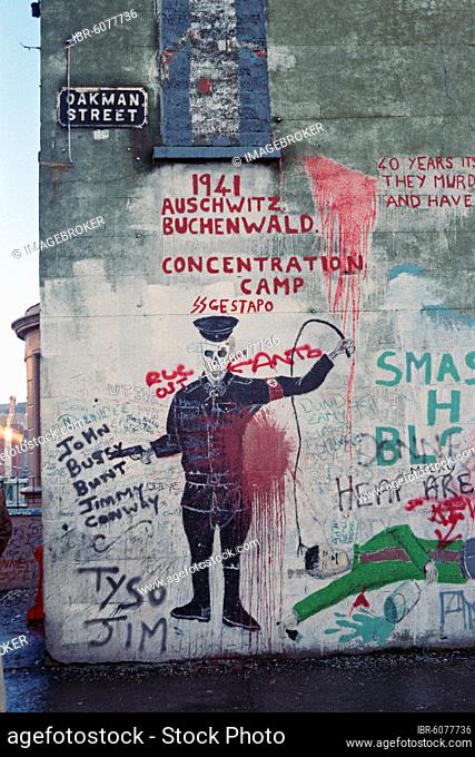 Graffiti, Oakman Street, Falls Road area, historical photograph, 24.01.1986, Belfast, Northern Ireland