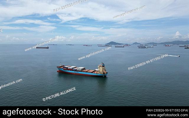 26 August 2023, Panama, Panama-Stadt: On the Pacific side of the canal, ships can be seen waiting to cross the Panama Canal