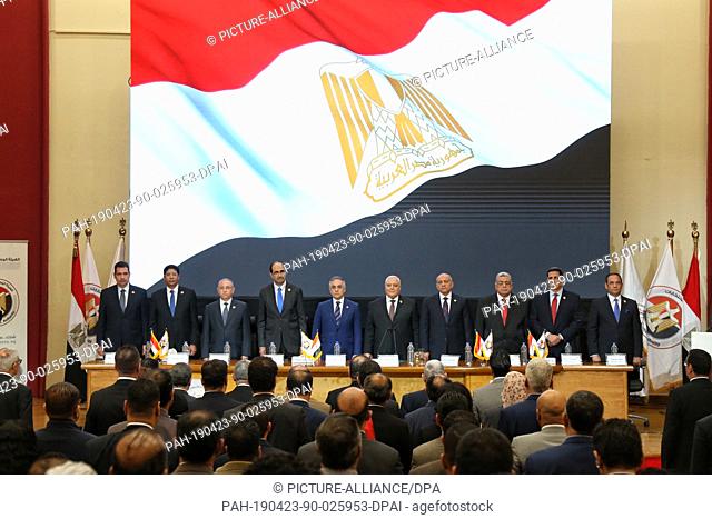 23 April 2019, Egypt, Cairo: Lasheen Ibrahim, (5-R), head of the Egyptian National Elections Authority (NEA), attends a press conference at the NEA's...