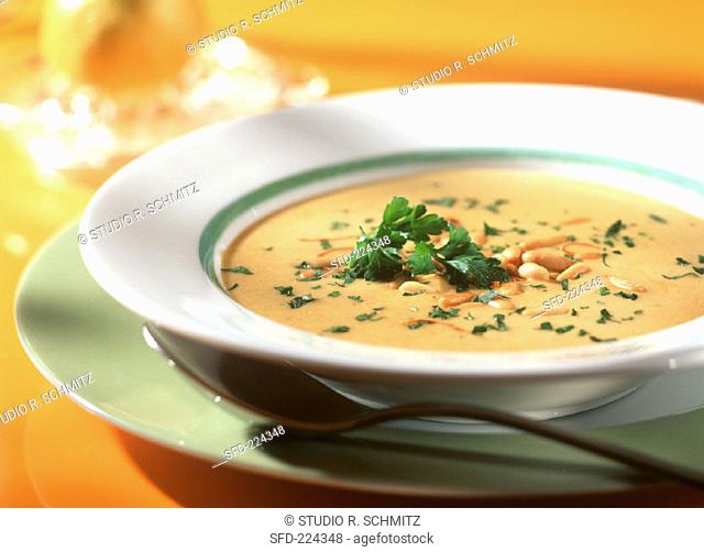 Kashmir soup with carrots, saffron and pine nuts