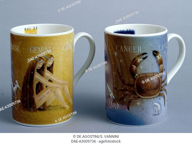 Zodiac mugs, Gemini and Cancer, Rob Scotton series, ceramic, Portmeirion Potteries manufacture, Stoke-on-Trent, England, 20th century