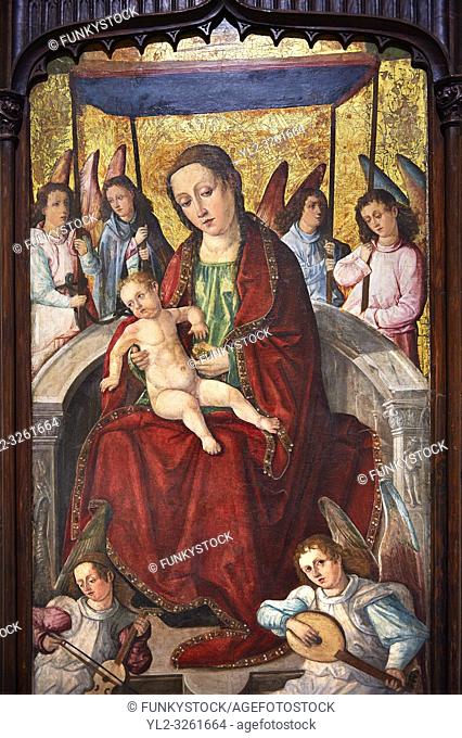 Gothic Altarpiece of Madonna and Child by Francesc d'Orsona of Valencia, circa 1500-1505, tempera and gold leaf on wood, from the monastery of Sant Jeroni de...