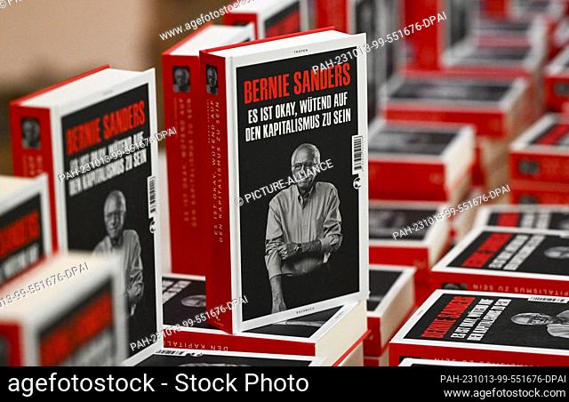 12 October 2023, Berlin: Books entitled ""It's okay to be angry at capitalism"" by U.S. politician Bernie Sanders at the launch at the House of World Cultures...
