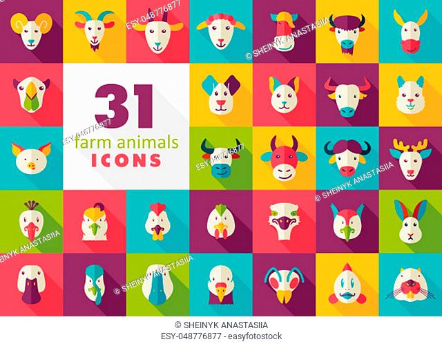 Set of farm animals flat icons. Vector head illustration. eps 10