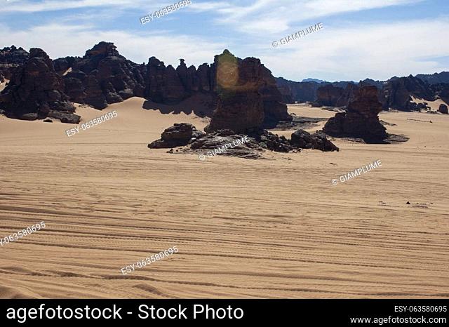 Sandstone rock formations in Akakus (Acacus), Sahara Desert, Libya