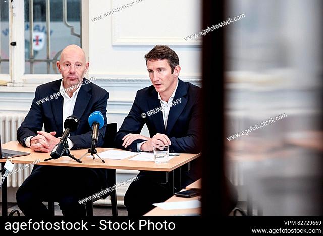 former Walloon parliament clerk Frederic Janssens and Lawyer Pierre Joassart pictured during a press conference in Namur, Tuesday 19 December 2023