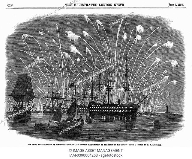 Russo-Turkish Crimean WAR 1853-6  Peace commemorations at Plymouth, England  Rockets and general illumination of the fleet in Plymouth sound  From 'The...