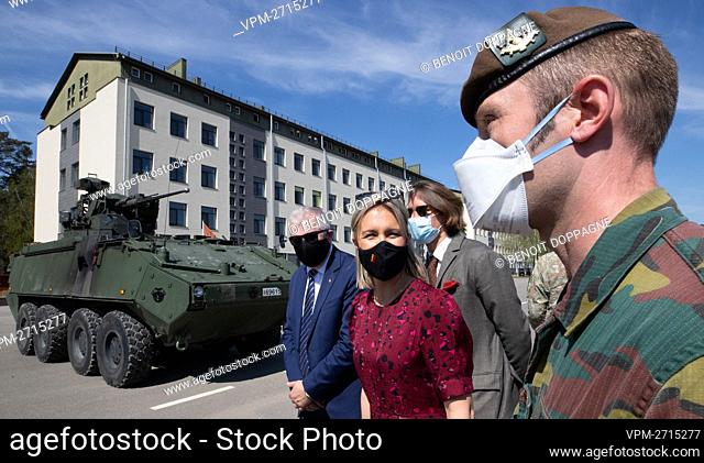 Defence minister Ludivine Dedonder (C) pictured during a visit to the Belgian soldiers in Vilnius, Lithuania, Wednesday 12 May 2021