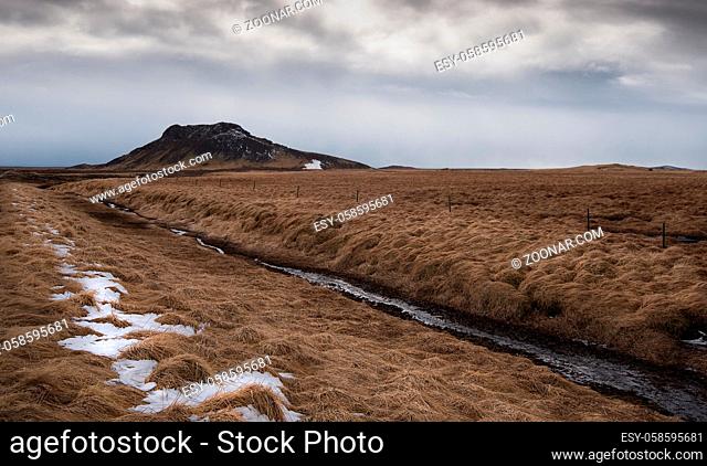 Typical Icelandic landscape with fieds and mountain at Reykjanes peninsula in Iceland