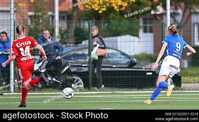 Lisa Petry (9) of Genk pictured scoring a goal during a female soccer game between Racing Genk Ladies and Standard Femina De Liege on the 8th matchday of the...