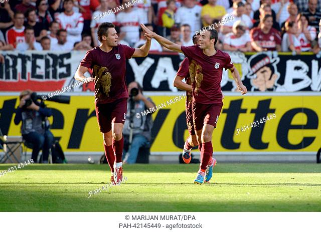 Leon Benko (l) and Zoran Kvr?i- of HNK Rijeka jubilate after the 0:1 goal during the UEFA Europa League play-off second leg soccer match between VfB Stuttgart...
