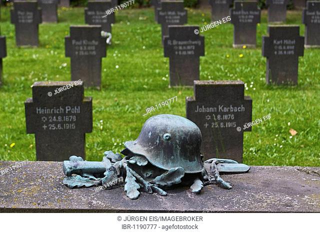 Steel helmet, sword and oakleaves, war memorial and war cemetery from the First World War in Bad Godesberg, Bonn, North Rhine-Westphalia, Germany, Europe