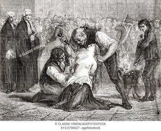 The Torture of Madame de la Motte. Jeanne de Saint-Remy de Valois, Comtesse de la Motte. Engraved by Meyer-Heine after De La Charlerie' From ""Histoire de la...