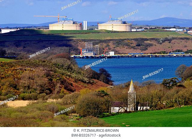view over river Cleddau at an oil refinery and gas terminal, United Kingdom, Wales, Pembrokeshire