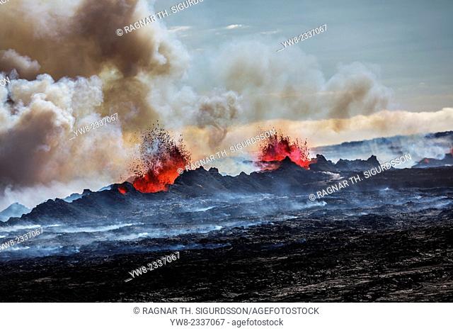 Aerial view of lava and plumes. August 29, 2014 a fissure eruption started in Holuhraun at the northern end of a magma intrusion
