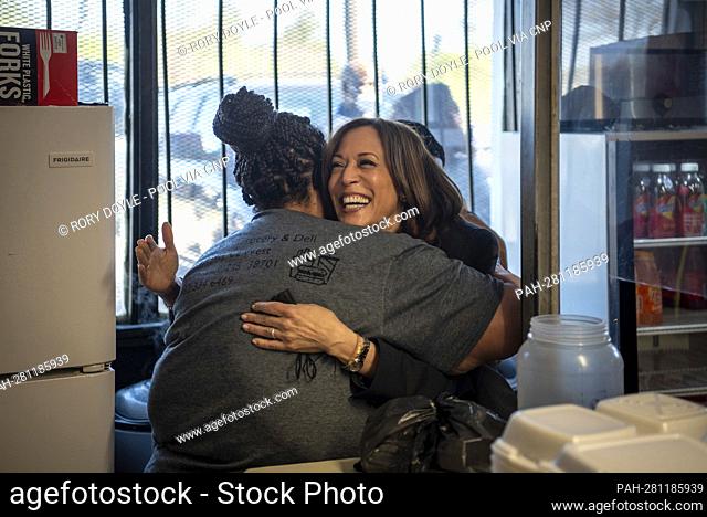 United States Vice President Kamala Harris visits with workers at Southside Grocery & Deli before departing Greenville, Mississippi on April 1, 2022