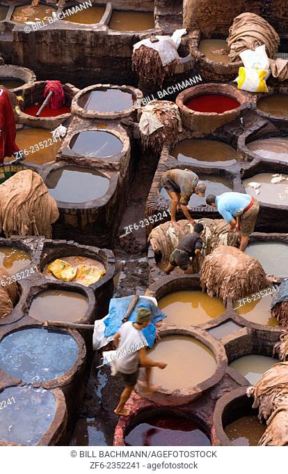 Fez Morocco old Tannery called Chouara Tannery which is almost 1000 years old from above of tannery vats with color dyes