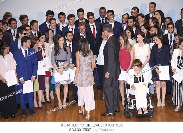 King Felipe VI of Spain, Queen Letizia of Spain attends 'La Caixa' Scholarship awards 2018 at Caixa Forum on May 28, 2019 in Madrid, Spain