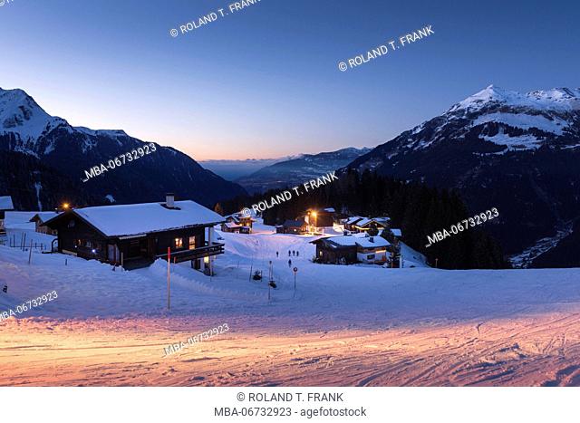 Austria, Montafon, Garfrescha, ski hut during the 'blue hour'