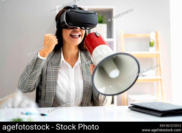 Corporate Business Interview With VR Headset and Bullhorn