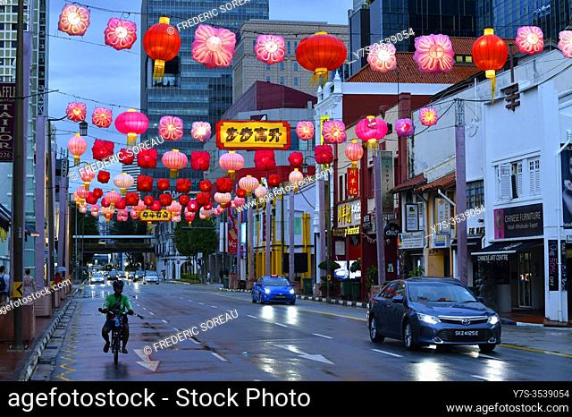 A street in Chinatown district of Singapore during the Chinese New Year celebration, Asia