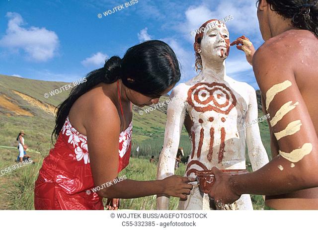 Tau'a Rapa Nui triathlon, body painting. Tapati Rapa Nui festival. Islander. Easter Island. Chile