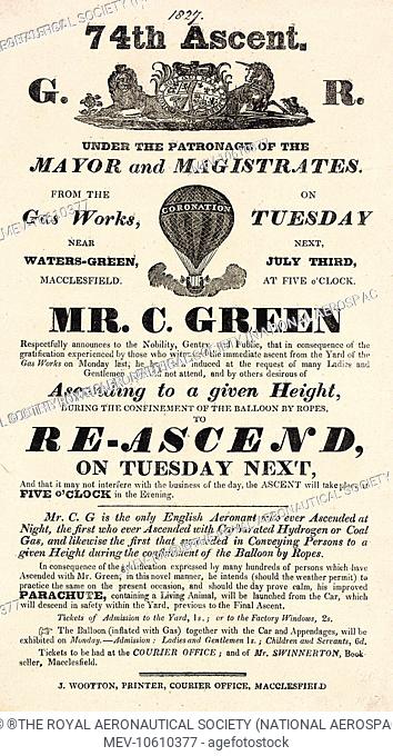 Charles Green ballooning poster advertising his 74th ascent, under the patronage of the Mayor and Magistrates, from the Gas Works near Waters Green