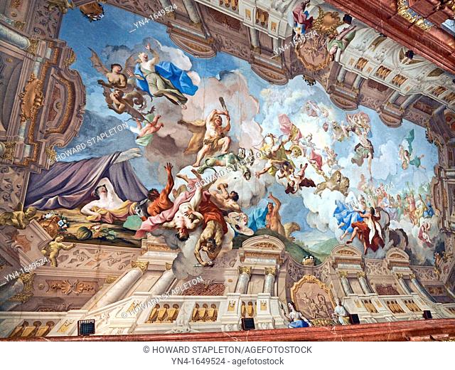 Painted ceiling of the Marbel Hall inside the Benedictine Abbey at Melk, Austria  The ceiling painting shows Pallas Athena on a chariot drawn by lions as a...