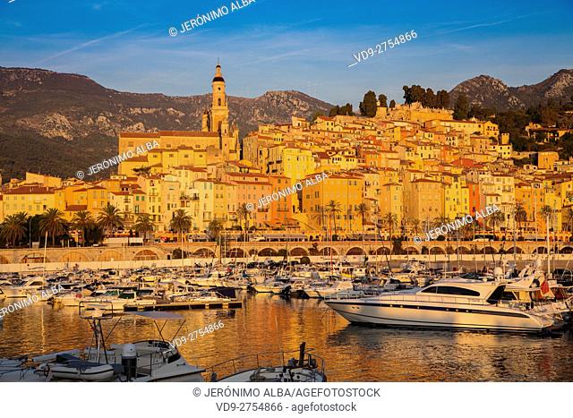 Marina and Old Town with the Basilique of Saint Michel Archange. Menton. Provence Alpes Cote d'Azur. French Riviera. Mediterranean Sea. France. Europe