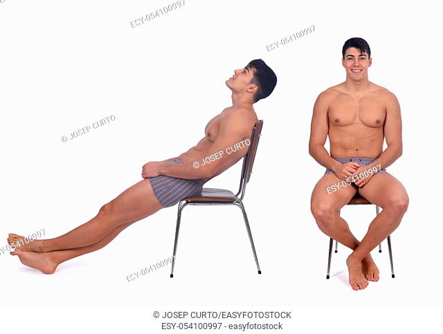 a naked man sitting in a chair on white background