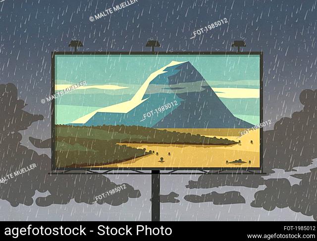 Mountain view on billboard against rainy sky