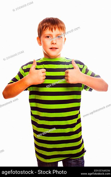 blond toddler boy in striped shirt, holding his fingers up, showing sign yes white background