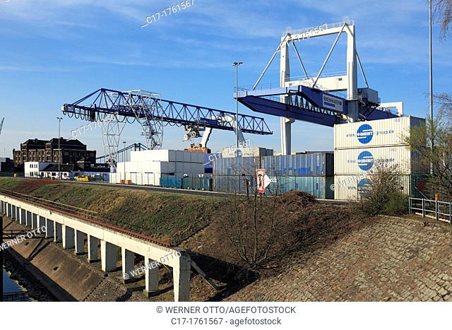 Germany, Krefeld, Rhine, Lower Rhine, Rhineland, North Rhine-Westphalia, NRW, Rheinhafen Krefeld, Rhine harbour, Container Terminal, harbour master, port cranes