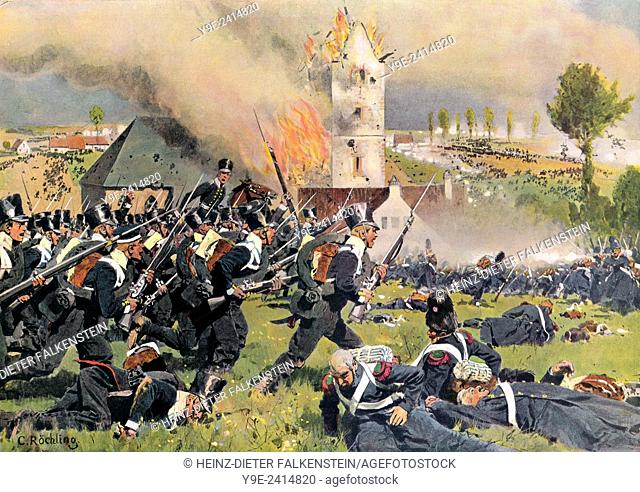 Prussian troops attacking the French at the cemetery of Plancenoit, Battle of Waterloo, 18 June 1815, Napoleonic Wars, the Hundred Days