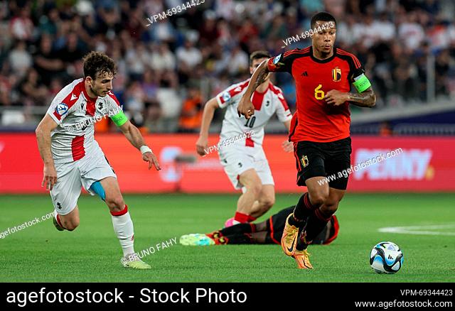 Belgium's Aster Vranckx fights for the ball during the second game of the group stage (group A) between Georgia and Belgium at the UEFA Under21 European...