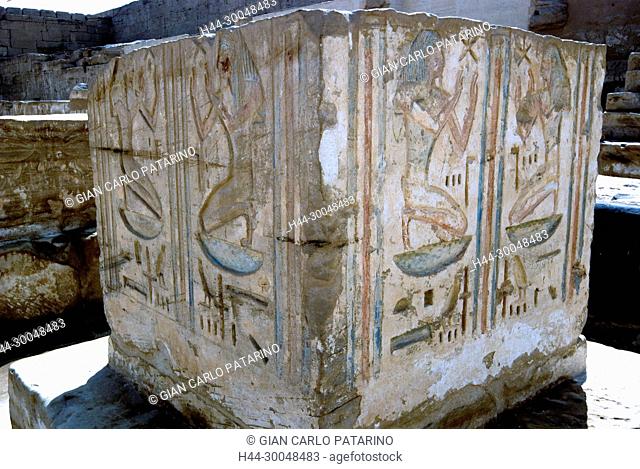 Medinet Habu, Luxor, Egypt, Djamet, mortuary temple of King Ramses III, ( XX dyn. 1185 -1078 B.C) – A statue base in hypostyle hall
