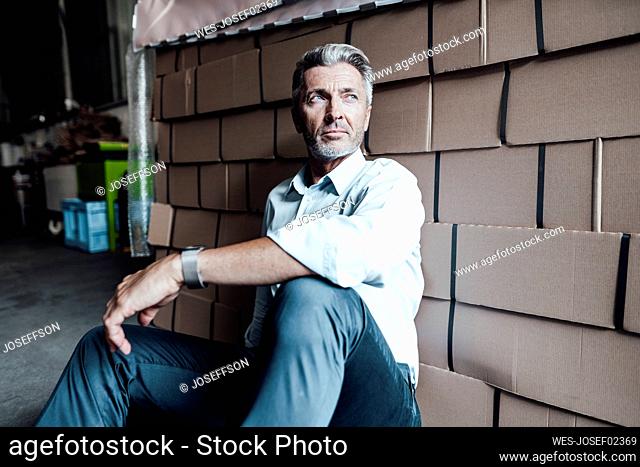 Thoughtful mature businessman leaning on boxes in factory