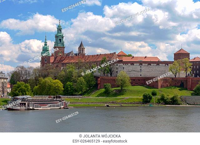 View on Wawel Royal Castle and Vistula boulevards, Krakow, Poland