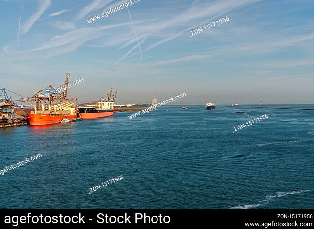 Rotterdam, South Holland, Netherlands - May 23, 2019: Ships and industry in the Beneluxhaven of Europoort
