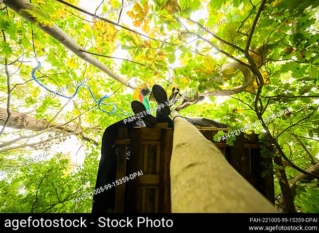 05 October 2022, Lower Saxony, Hanover: An activist from ""Ende Gelände"" sits on a tree house in the immediate vicinity of the Südschnellweg